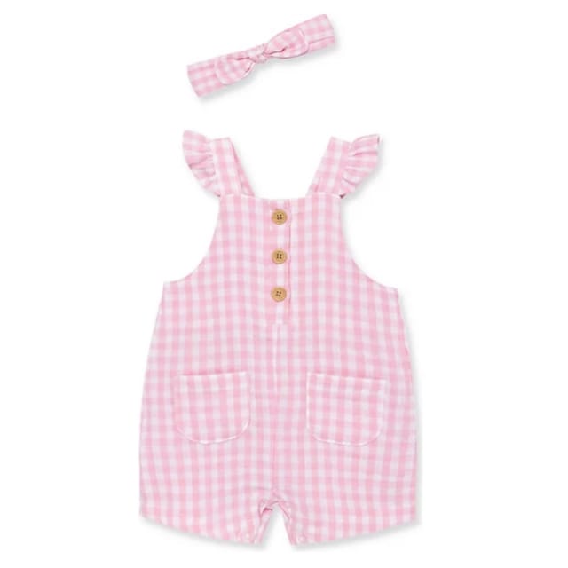 LM 2Pc Pink Gingham Shortall w/Headband Set