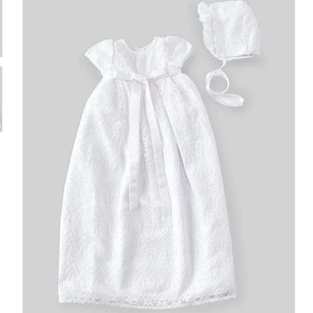 P&J 2Pc Lace Christening Gown & Bonnet Set
