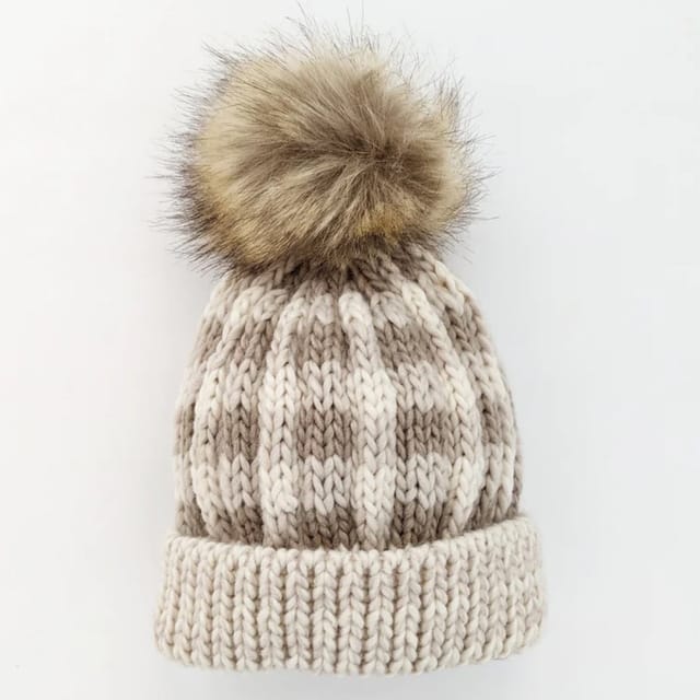 HL Buffalo Check PomPom Beanie-Pebble Brown