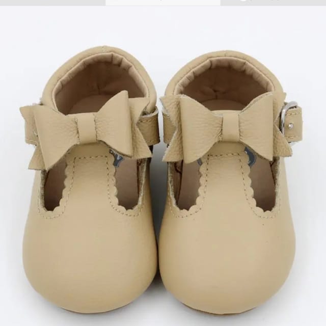 YT Leather Bow T-Strap Shoe-Latte