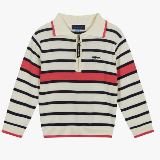A&E Cream Striped Quarter Zip Sweater-6Y