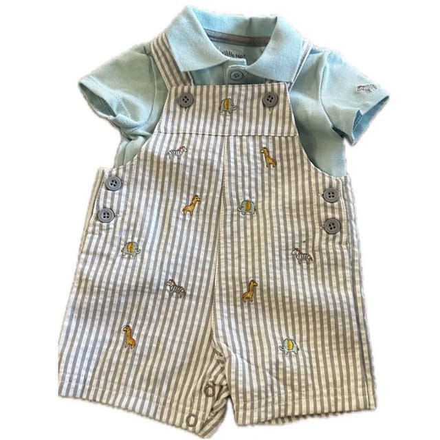LM 2Pc Embroidered Shortall & Polo Set-Giraffe/Éléphants