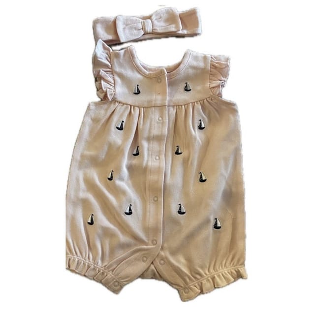 LM 2Pc Pink Romper w/Embroidered Sailboats & Headband