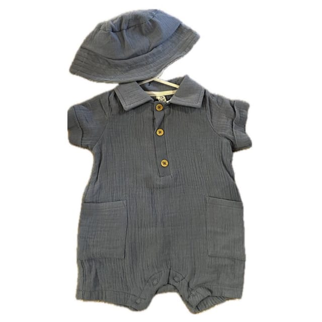 L&J 2Pc Muslin Shortall & Bucket Hat Set-Blue