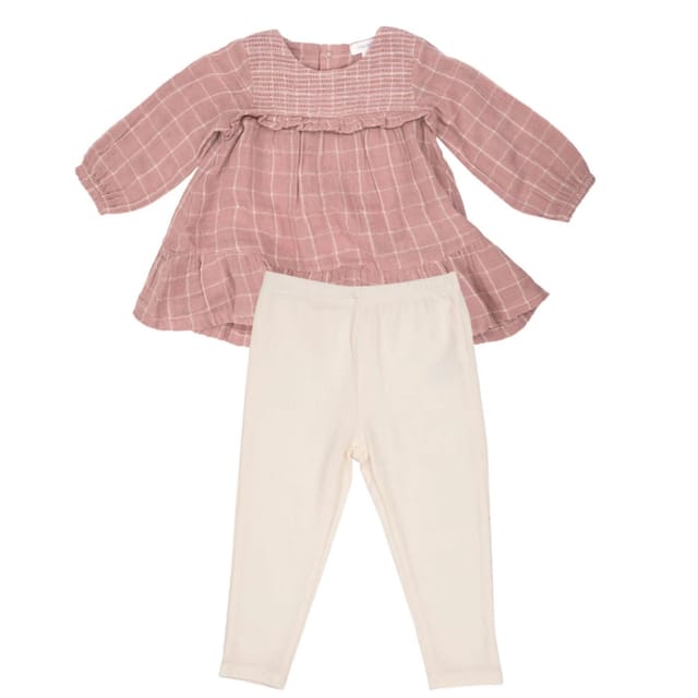 AD Smocked Ruffle Dress & Leggings Set-Rose Tan