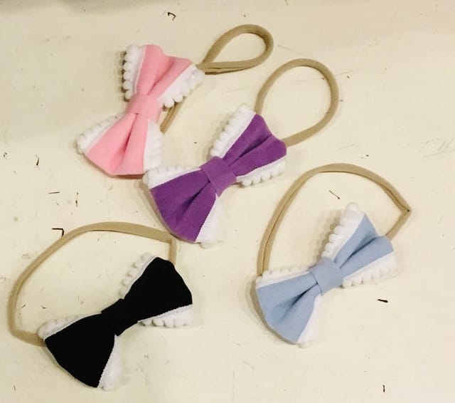 BW Bow with Pom Pom Trim Headbands-Asst
