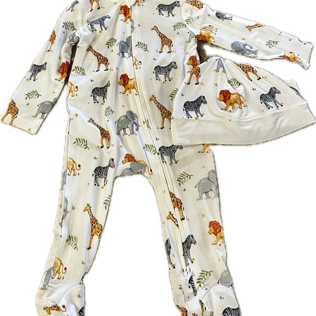 LM 2Way Zippered Footie & Hat Set-Safari