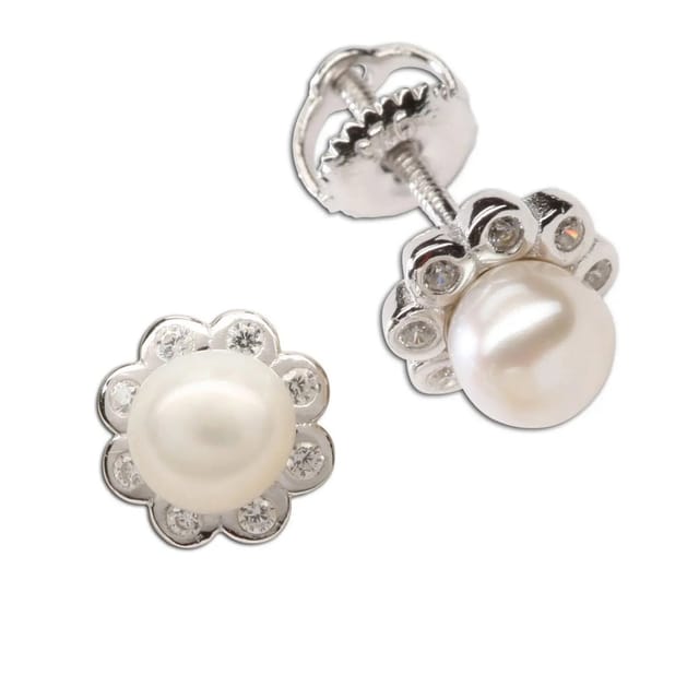 CM Sterling Silver White Pearl Button Earrings