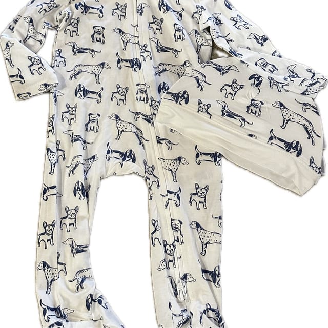 LM 2Way Zippered Footie & Hat Set-Blue Dogs