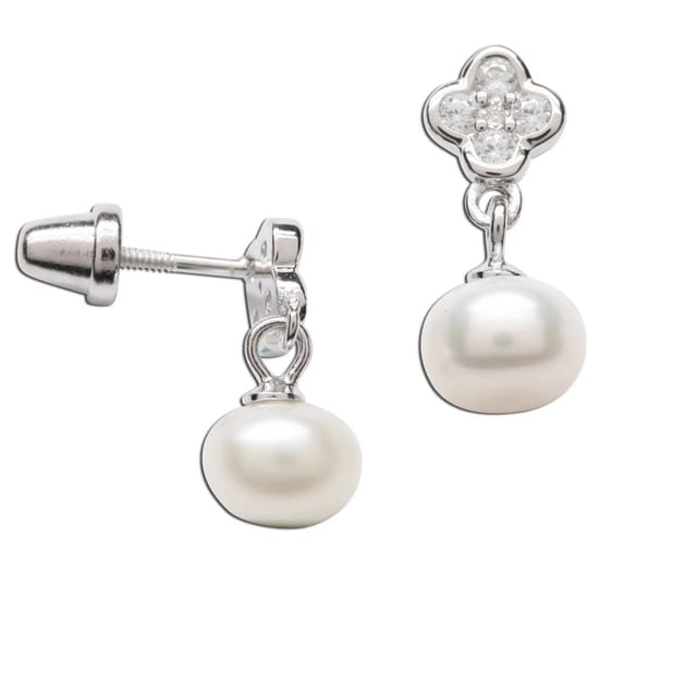 CM Sterling Silver Daisy with Dangling Pearl Earrings