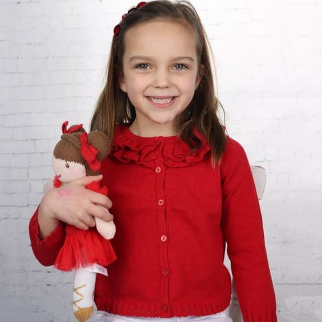 PA Pointelle Ruffle Collar Cardigan-Red