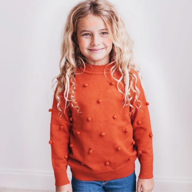 AS Scalloped Neck PomPom Sweater-Rust
