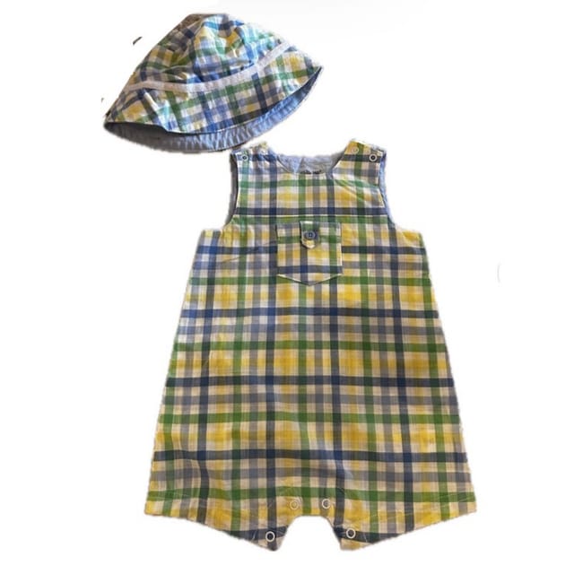 LM 2Pc Blue/Yellow Plaid Romper & Hat Set