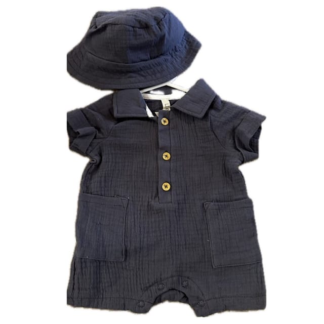 L&J 2Pc Muslin Shortall & Bucket Hat Set-Grey