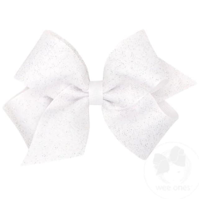 WO Med. Glitter Tulle & Grosgrain Overlay Hair Bow-White