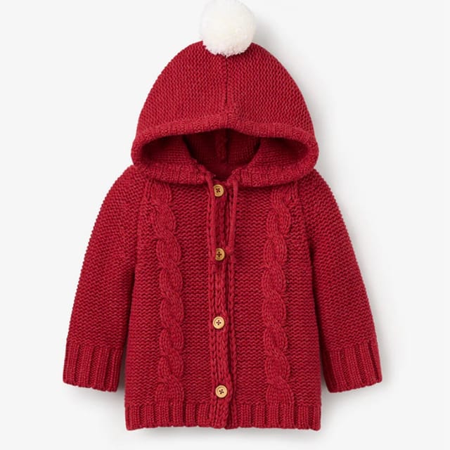 EB Red Chunky Hooded PomPom Cardigan