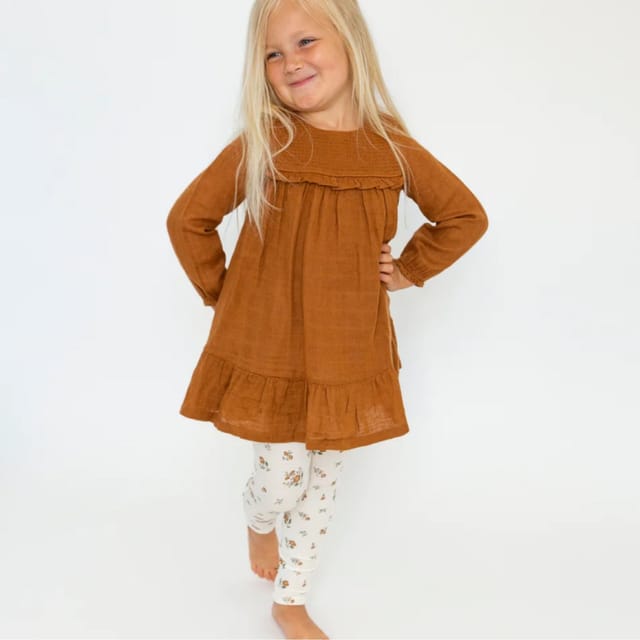 AD Smocked Ruffle Dress & Leggings Set-Cashew