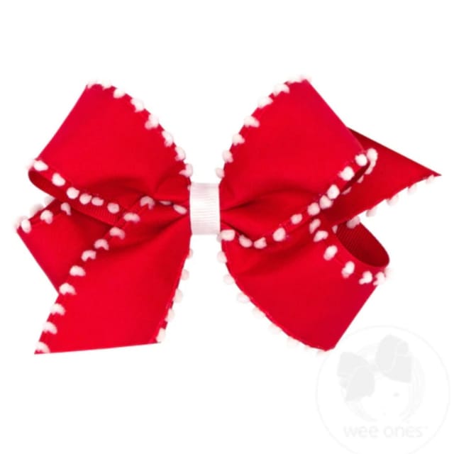 WO Med. PomPom Edge Grs. Overlay Bow-Red