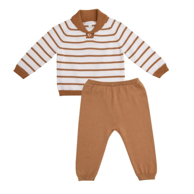 AD French Stripes 2Pc Knit Set-Brown-6/12M